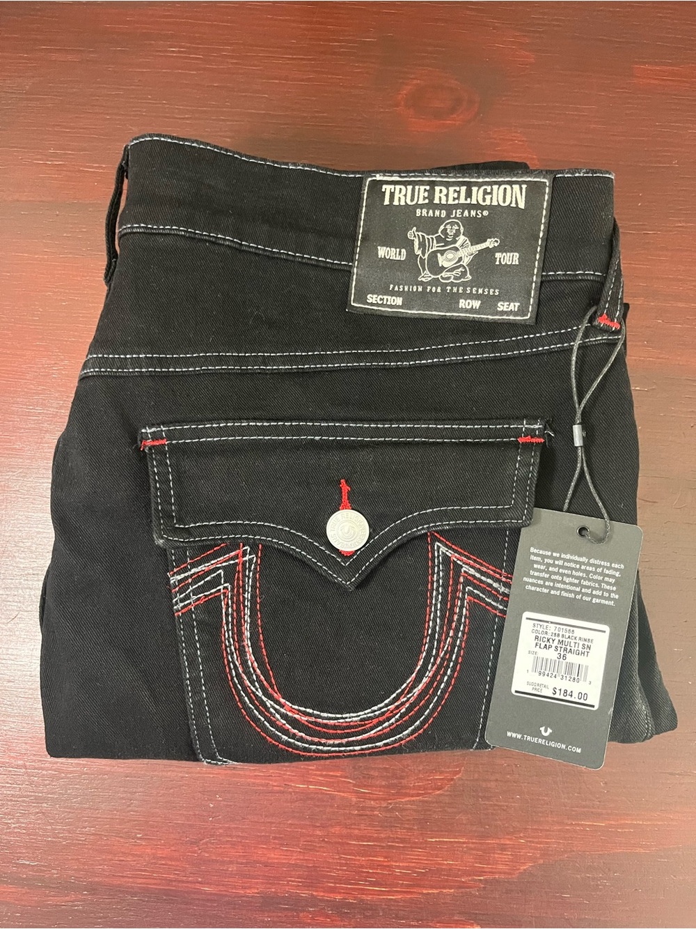 True Religion Ricky Multi SN Flap Relaxed Straight Jeans Men’s 36 x 32 Black NWT